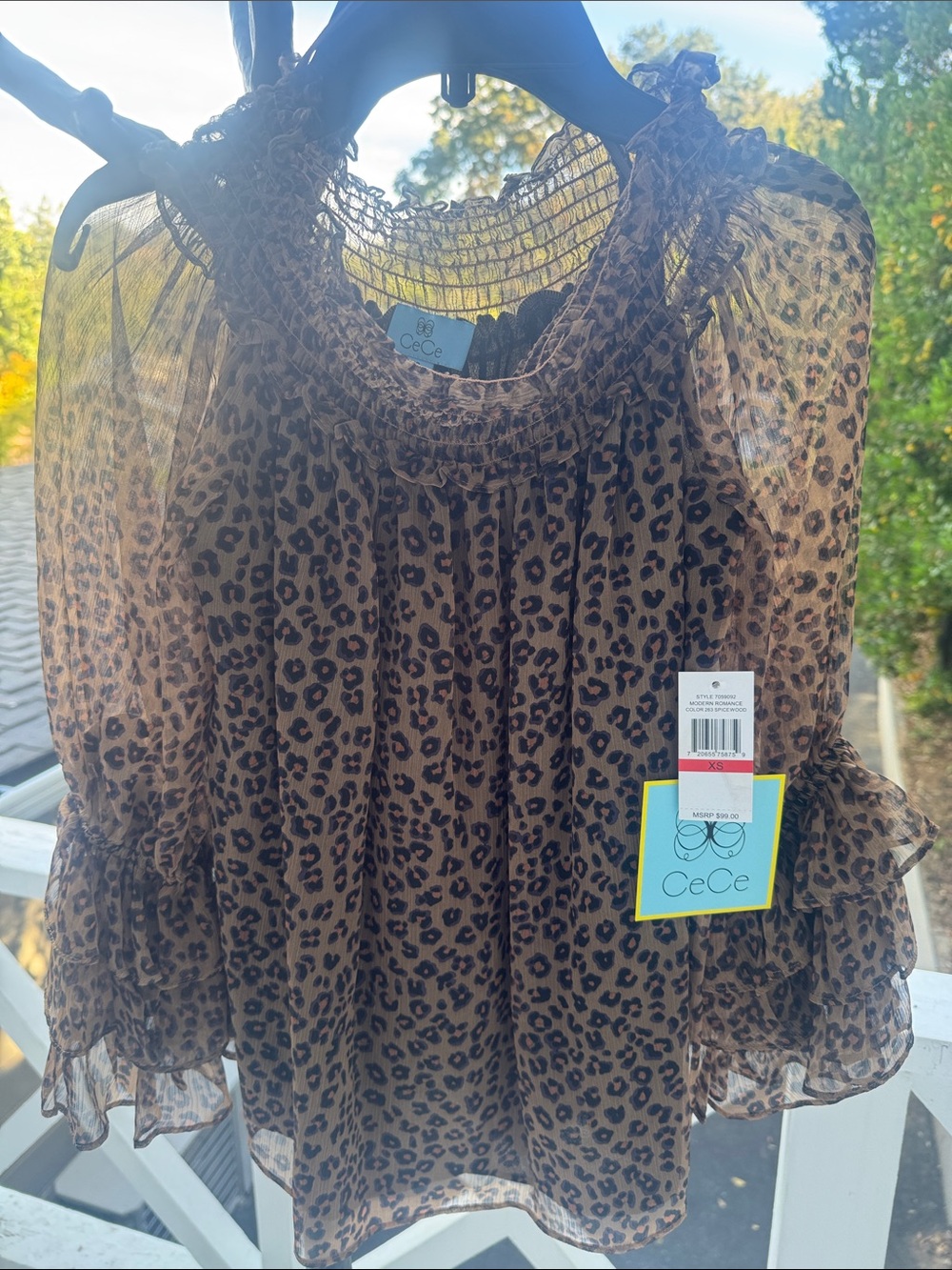 CeCe Brown Leopard Print Ruffle-Neck Sheer Blouse